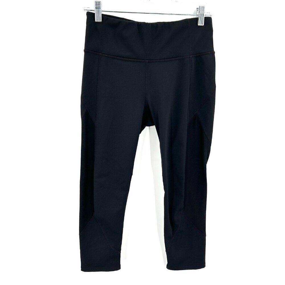 ATHLETA Black Mid Rise Cropped Mesh Panels Pull On Workout Leggings Size Small